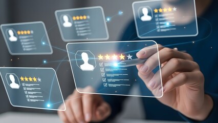 Person reviewing user profiles and ratings on a futuristic holographic interface user interface technology