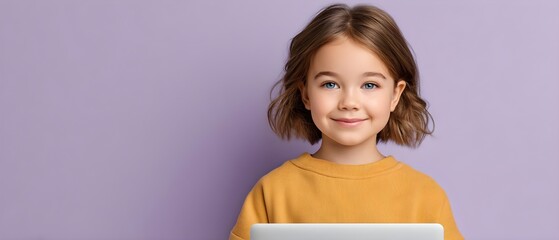 Cute schoolgirl with modern laptop and backpack on lilac background with schoolgirl, cute, modern, laptop, lilac, background, backpack