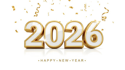 Elegant 3D white and gold 2026 Happy New Year greeting with golden confetti ribbons, sparkling reflections and luxurious celebration on clean white background