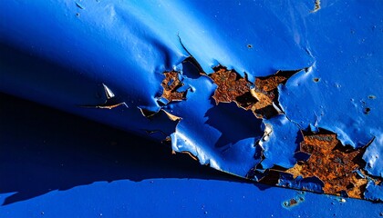 Macro Close-up of Peeling Dark Blue Paint Fragments on an Old Rusted Metal Surface