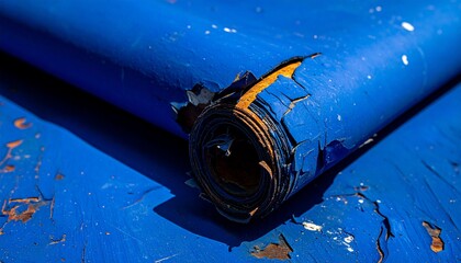 Macro Close-up of Peeling Dark Blue Paint Fragments on an Old Rusted Metal Surface