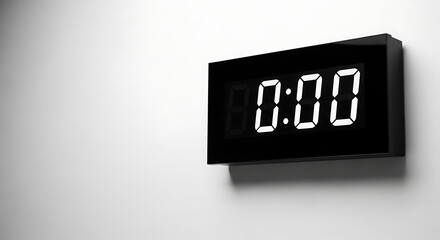 Digital clock displaying 0:00 on a plain white wall  