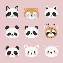 Fototapeta premium Cute animal faces collection. Cartoon character illustration for banner