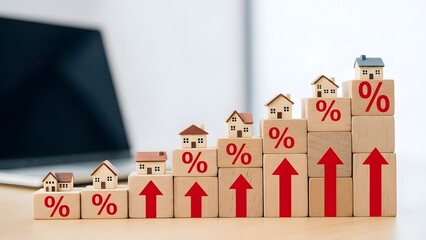 Wooden blocks with houses and percentage signs stacked in ascending order with red arrows business finance