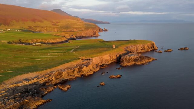 Aerial view of the coast at Malin Beg at the Napoleonic Signal Tower - County Donegal, Ireland