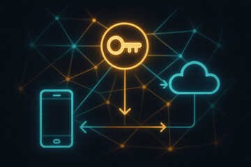 A network diagram displays a key symbol linking a mobile device and a cloud, showing data transfer and security in a digital environment.
