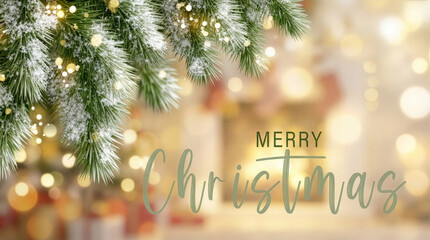 Snow-dusted pine branches over a warm, golden bokeh background with "Merry Christmas" text.