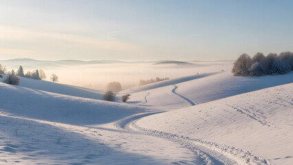 Winding path through rolling, snow-covered hills under a soft, misty sky, with distant trees and gentle fog creating a serene and ethereal winter landscape, bathed in warm morning light