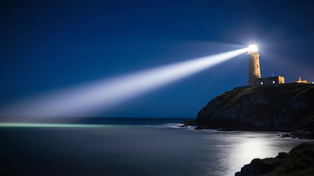 Fixed camera long exposure shot capturing the deep blue hour transition as the coastal lighthouse lamp begins its operation against the darkening starless sky cliff, long exposure, start