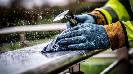 Medium shot of technician applying weatherproof nanocoating on outdoor metal surface for enhanced protection against rain and extreme climate conditions.