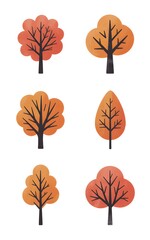 Vibrant autumn trees in various orange hues on white background