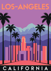 Obraz premium Los Angeles retro poster featuring downtown cityscape, vintage California scenery, urban skyline illustration