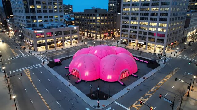 High aerial drone flyover revealing a vibrant pink inflatable commercial pavilion isolated in the middle of a deserted downtown intersection during blue hour temporary structure, deserted, pop up