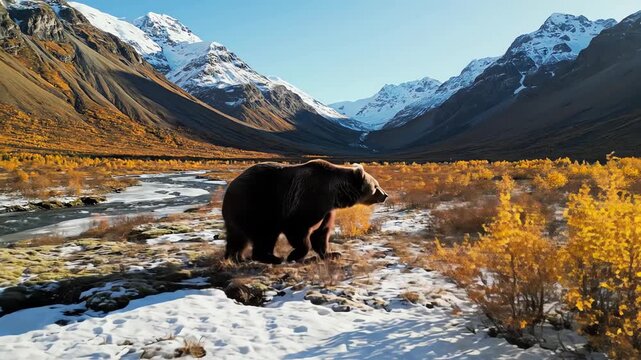 High aerial drone shot capturing a large brown bear crossing a remote, snow-capped mountainous valley during the late autumn season brown, top, freedom