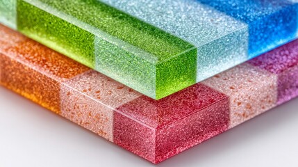 Close-up of rainbow-colored textured glass blocks. Perfect for art supplies websites, modern decor blogs, or articles on architectural glass and vibrant interior accents.