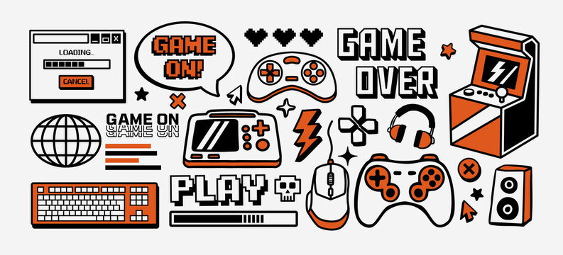 Gaming vector illustration set with game controllers, arcade machine, pixel text, Y2K and UI elements, headset, keyboard, mouse and symbols.