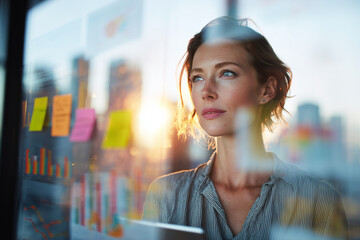 Pensive businesswoman planning strategy at sunset: creative brainstorming with sticky notes and data charts on glass in modern urban office