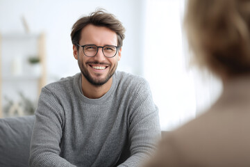 Smiling bearded man in glasses wearing a cozy gray sweater, engaged in a warm friendly conversation in a bright modern home interior &mdash; lifestyle portrait