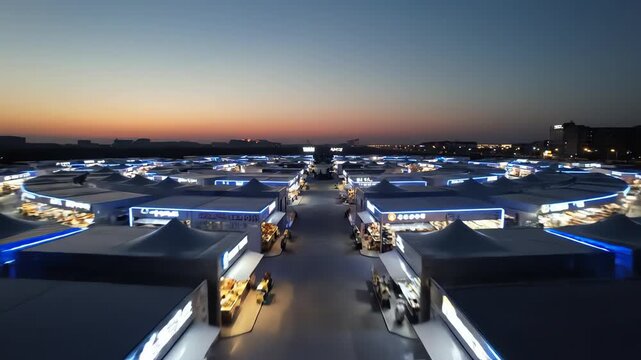 High aerial drone shot slowly descending over a vibrant, structured market area featuring modular stalls illuminated by intense electric blue lights at dawn infrastructure, droneshot, architecture