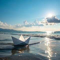 Shining paper boat on the sea stock photo
