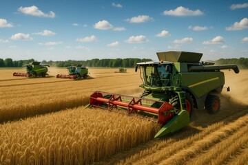 Obraz premium Farm equipment gathers wheat from fields while dust rises in the air amidst a beautiful summer landscape during the afternoon.