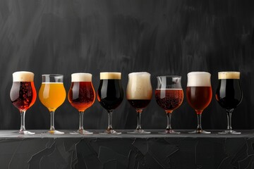 Eight different beers exhibiting a range of colors and foam levels are displayed in elegant glasses on a dark surface
