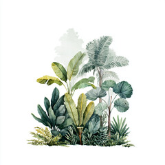 Fototapeta premium Watercolor tropical foliage compositions featuring monstera leaves, palm branches, and lush greenery arranged in elegant botanical clusters. 