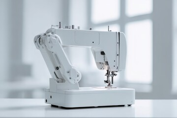 Fototapeta premium Modern White Sewing machine. Sewing workshop. Tools for sewing and crafts equipment. Concept Interior of garment factory. Workplace of seamstress. Recycling Made by hand from home. Ecology zero waste