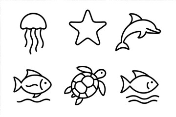 Marine Life Icons. Line style icons of Marine Life: sea creature outline, reef dweller, dorsal fin form, flowing tail, underwater