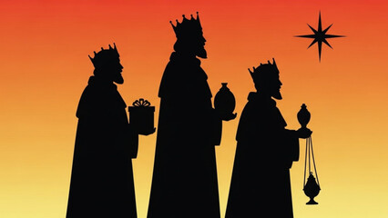 Three Wise Men silhouettes carrying gifts and incense with a star in the sky representing the Nativity story and Christmas isolated on a gradient background
