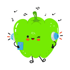 Green bell pepper cartoon character listening to music with headphones