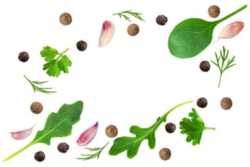 A frame of aromatic spices and herbs. Isolated on a transparent background.