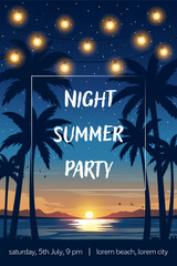 Tropical vertical night beach with glowing string lights, palm trees, mountains and sunset over the ocean. Relaxing summer evening vector illustration for party invitation or resort themes
