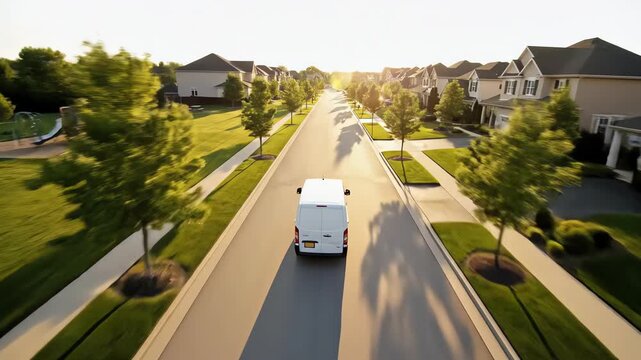 High aerial view drone shot following a generic white delivery van speeding along a sunlit suburban neighborhood street delivering goods cargo, commercial, overhead