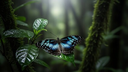 Blue Morpho Butterfly in a Sun-Drenched Tropical Rainforest
