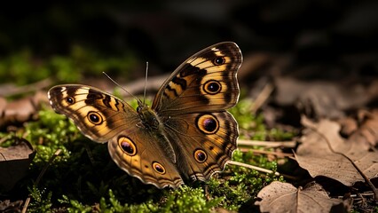 Junonia Coenia Buckeye Butterfly on Mossy Forest Floor