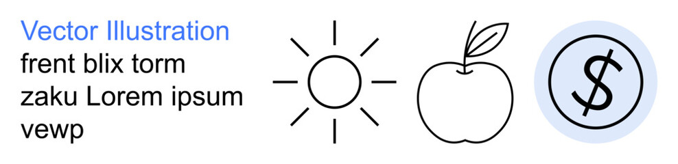 Obraz premium Nature, agriculture, health, economy, financial concepts, wellbeing. Black line art of a sun, apple and dollar sign on a white background. Nature and financial concepts