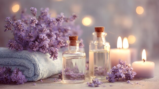 Serene Spa Scene - Lavender, Oils, Candles, and Towel for Relaxation and Wellness.