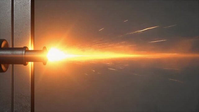 Intense Orange Light Beam Firing from a Barrel-like Device.
