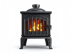 Black cast iron stove with roaring fire on a bright white background