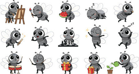 Obraz premium Cute ant character poses vector illustration set with playful cartoon insect activities emotions and daily actions