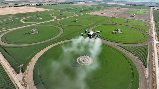 High altitude drone view showing geometric patterns of irrigated farmland as an autonomous multicopter traces a perfect path applying nutrients irrigated farmland, top-down perspective, development