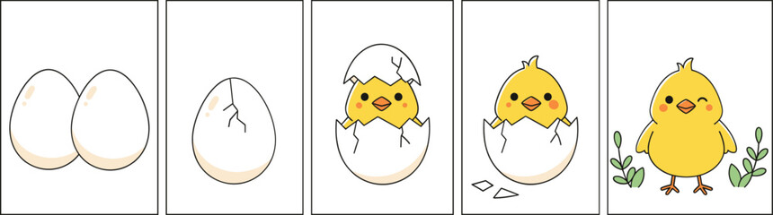 Cute baby chick hatching from egg vector illustration sequence with adorable cartoon farm animal stages © Sumon Creative
