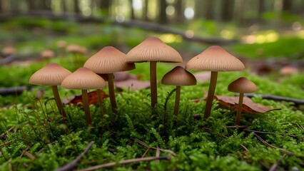 A cluster of small brown mushrooms grows on a vibrant green moss carpet on the forest floor