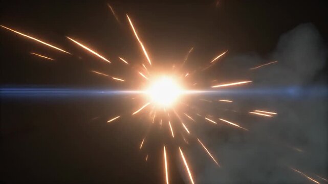 Central Orange Lens Flare with Radiating Sparks and Light Ray.