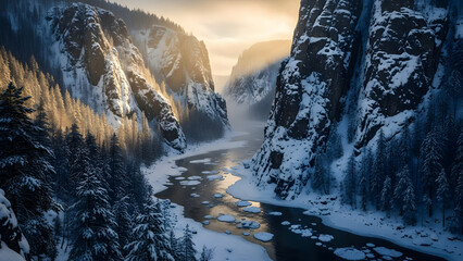 Majestic winter canyon with a partially frozen river winding between towering snow-covered cliffs and dense pine forests under a dramatic golden hour sky