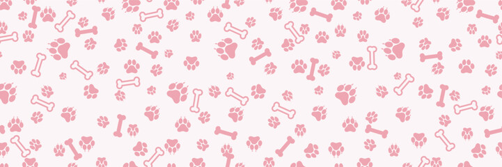 Seamless pattern of footstep cat paws, cat, dog pink color foot, animal. Dog, cat paw and bone seamless vector. Animal, pet, wallpaper, white, background. Bear, panda, tiger stamp repeat foot track. © Anatoliy