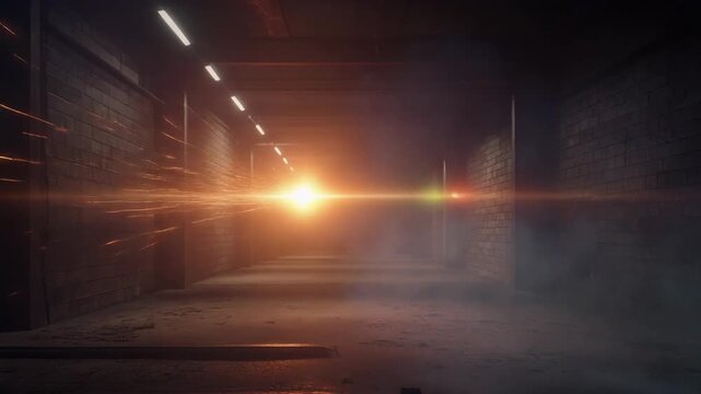 Atmospheric Long Tunnel with Smoke, Lights, and Lens Flare.
