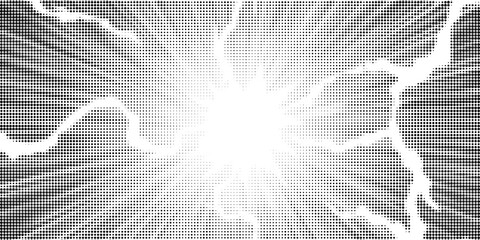 Halftone dots lightning explosion pop art comic background. Vector Illustration