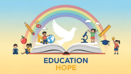 Children learning and growing around an open book with a dove and rainbow symbolizing education hope and peace for a brighter future